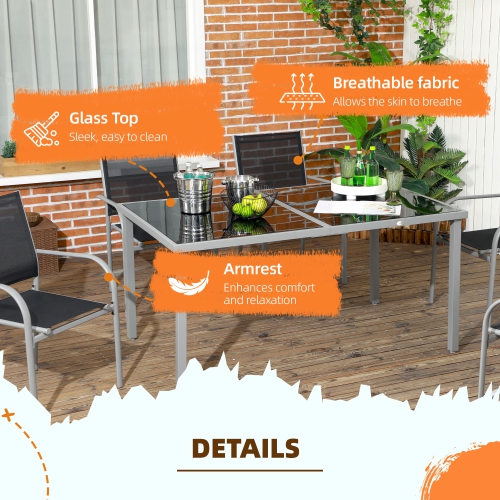 Outsunny 7 Piece Patio Dining Set, Outdoor Table and 6 Stackable Chairs, Steel Frame, Tempered Glass Top Table, Mesh Seats, Black