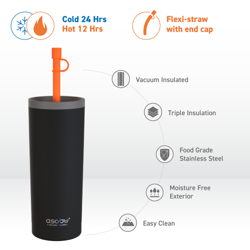 Asobu Superb Sippy Double Wall Stainless Steel Tumbler with Silicone Flexible Straw, 20 Ounces