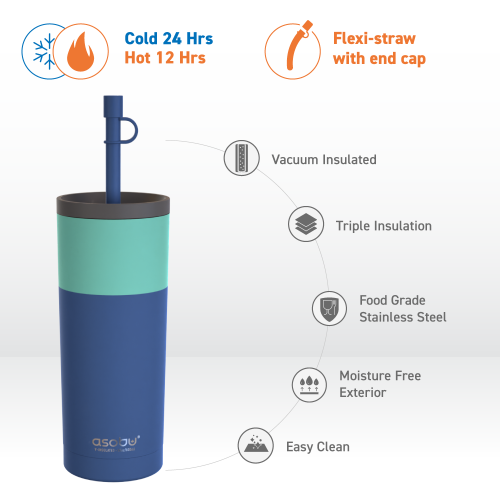 Asobu Superb Sippy Double Wall Stainless Steel Tumbler with Silicone Flexible Straw, 20 Ounces