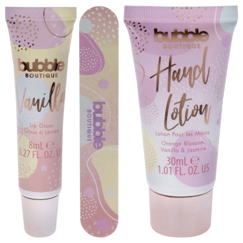 Bubble Boutique Travel Cup - Eco Packaging by Style and Grace for Women - 4 Pc 1.01oz Hand Lotion, 0.27oz Lip Gloss - Vanilla, Drinking Cup, Nail File
