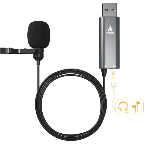 Maono - Omnidirectional USB Lavalier Microphone with Audio Jack for Headphones, Black