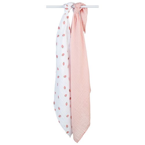 Couvertures à emmailloter en mousseline de Lulujo - Paquet de 2 - Fraises/Ballerine