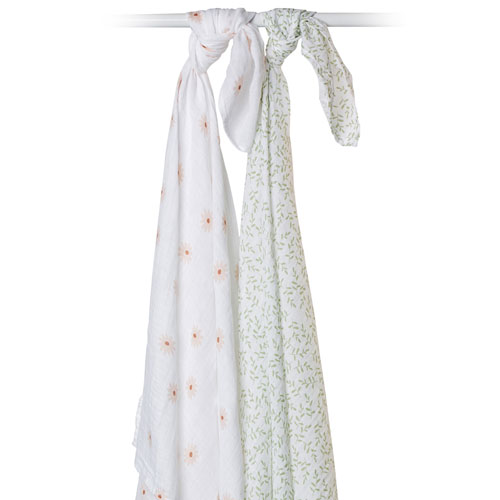 Couverture Ã&nbsp; emmailloter en mousseline Boho de Lulujo - Paquet de 2 - Marguerites/Verdure
