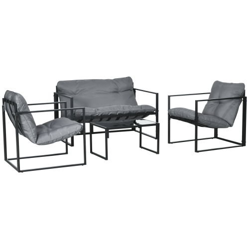 Image 1 de 9.. Ensemble de meubles de patio de 4 pièces Outsunny, ensemble de patio extérieur avec table en verre trempé, canapé, 2 chaises et coussins, gris