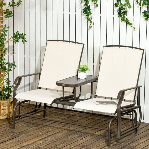 Outsunny Outdoor Glider Bench with Table, Patio Loveseat for 2 Persons, Garden Glider Rocking Chair with Breathable Mesh Fabric, Beige
