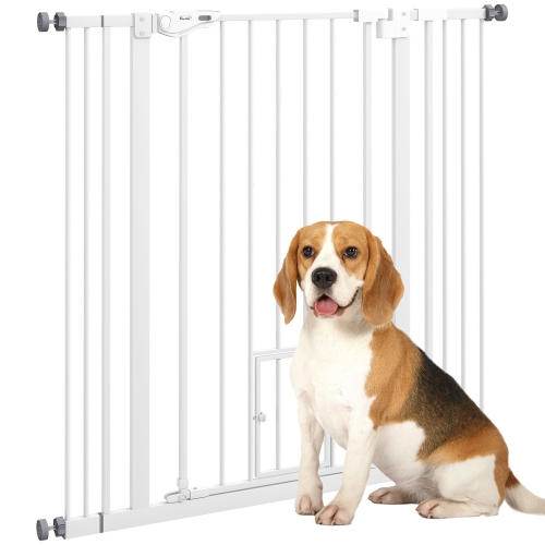 PawHut 41"H Dog Gate with Cat Door, Pet Gate with Small Door, Easy Open Indoor Dog Gates for Doorways, House, Stair, 29"-40" Long, White