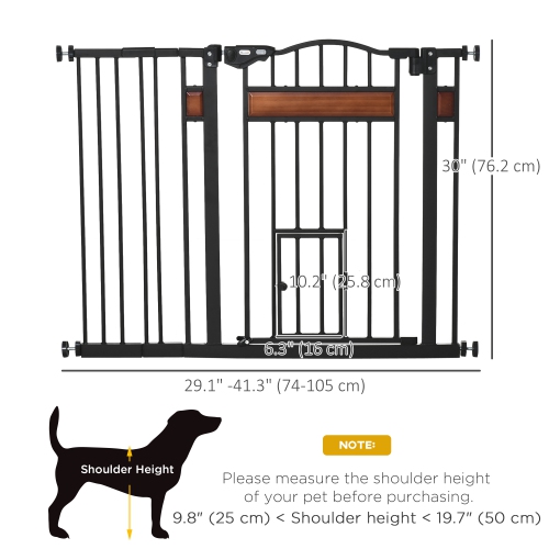 PawHut 29.1''-41.3'' Extra Wide Dog Gate with Cat Door with Stair Pressure Fit, Auto Close, Double Locking, for Doorways, Hallways, Stairs, Black