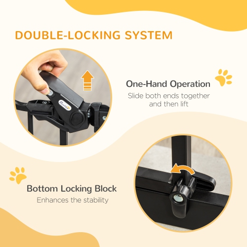 PawHut 29.1''-41.3'' Extra Wide Dog Gate with Cat Door with Stair Pressure Fit, Auto Close, Double Locking, for Doorways, Hallways, Stairs, Black