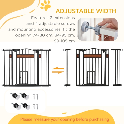 PawHut 29.1''-41.3'' Extra Wide Dog Gate with Cat Door with Stair Pressure Fit, Auto Close, Double Locking, for Doorways, Hallways, Stairs, Black