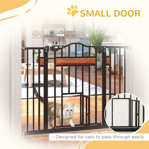 PawHut 29.1''-41.3'' Extra Wide Dog Gate with Cat Door with Stair Pressure Fit, Auto Close, Double Locking, for Doorways, Hallways, Stairs, Black