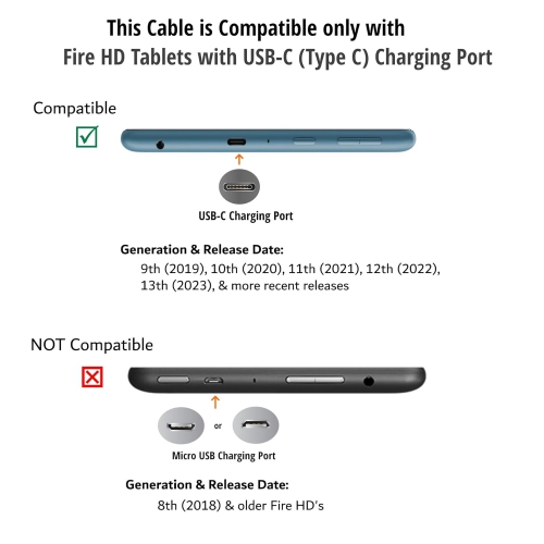 6ft USB to USB-C Cable for Late 2019 & Newer Generation Fire HD & Kids Tablets (Not Compatible with Old Fire Tablets