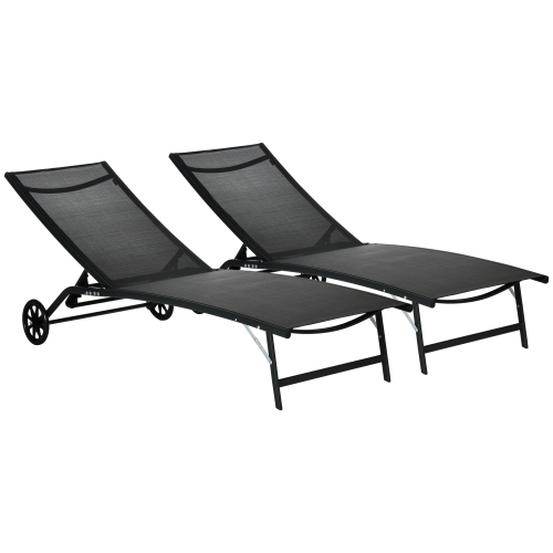 Outsunny Lounge Chair Set of 2 with Wheels, Outdoor Chaise Lounge with 5-Level Adjustable Backrest for Garden, Backyard, Patio, Deck, Poolside, Black