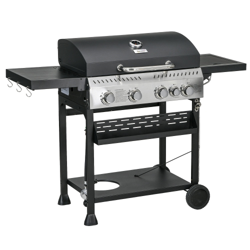 OUTSUNNY  Propane Gas Grill \w 4 Main Burners, 1 Side Burner, 40, 000 Btu Outdoor Bbq Grill Cart \w Wheels, Warming Rack, Shelves, Thermometer, Bottle