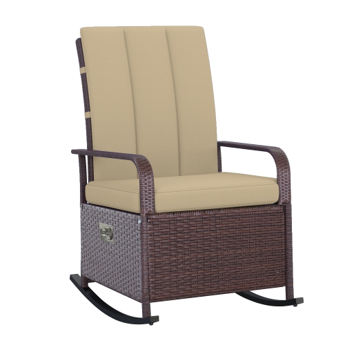 Fauteuil berçant en osier avec coussin Outsunny, fauteuil inclinable en rotin de polyéthylène patio avec repose-pieds réglable, accoudoirs, kaki