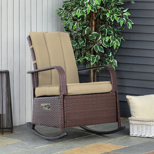 Outsunny Outdoor Wicker Rocking Chair with Cushion, Patio PE Rattan Recliner Chair with Adjustable Footrest, Armrests, Khaki