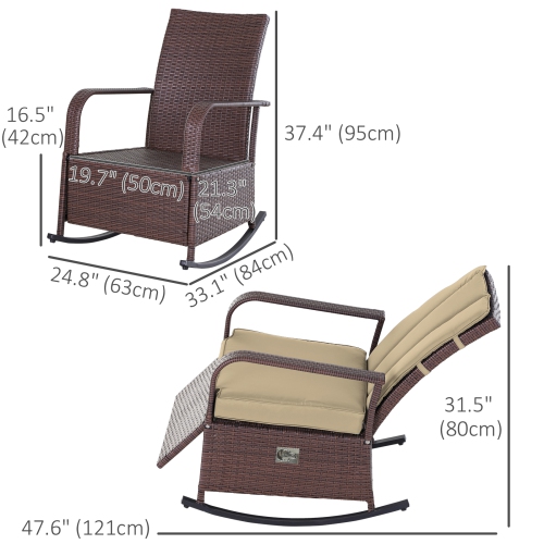 Outsunny Outdoor Wicker Rocking Chair with Cushion, Patio PE Rattan Recliner Chair with Adjustable Footrest, Armrests, Khaki