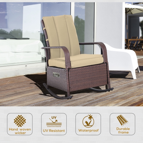 Outsunny Outdoor Wicker Rocking Chair with Cushion, Patio PE Rattan Recliner Chair with Adjustable Footrest, Armrests, Khaki