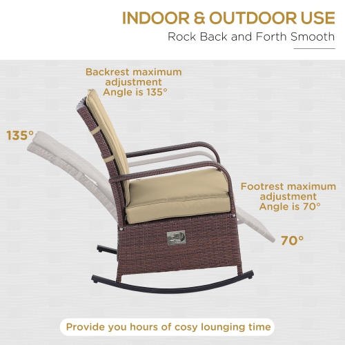 Outsunny Outdoor Wicker Rocking Chair with Cushion, Patio PE Rattan Recliner Chair with Adjustable Footrest, Armrests, Khaki