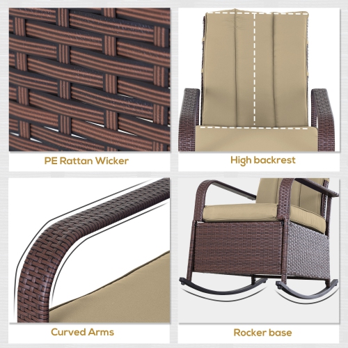 Outsunny Outdoor Wicker Rocking Chair with Cushion, Patio PE Rattan Recliner Chair with Adjustable Footrest, Armrests, Khaki