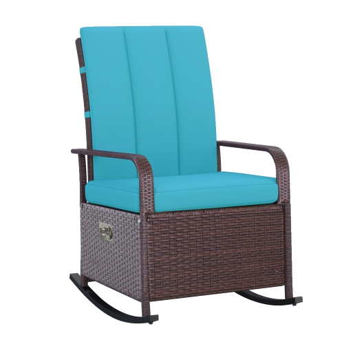 Fauteuil berçant en osier avec coussin Outsunny, fauteuil inclinable en rotin de polyéthylène patio avec repose-pieds réglable, accoudoirs, turquoise