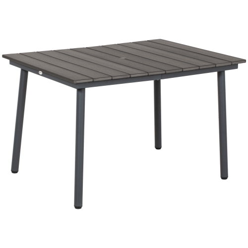 Outsunny 47" Outdoor Dining Table, Rectangle Garden Table for 6 People with Umbrella Hole, Aluminium Frame, HDPE Table Top, Slatted Design Patio Tabl