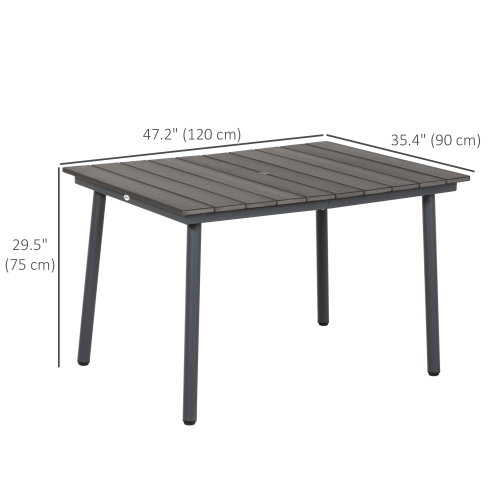 Outsunny 47" Outdoor Dining Table, Rectangle Garden Table for 6 People with Umbrella Hole, Aluminium Frame, HDPE Table Top, Slatted Design Patio