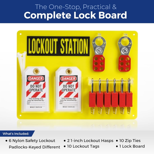 BRADY Lockout Tagout Station with Loto Devices. Lock Out Tag Out Kit Board with 6 Keyed Different Safety Lock Set, Hasps for Padlocks