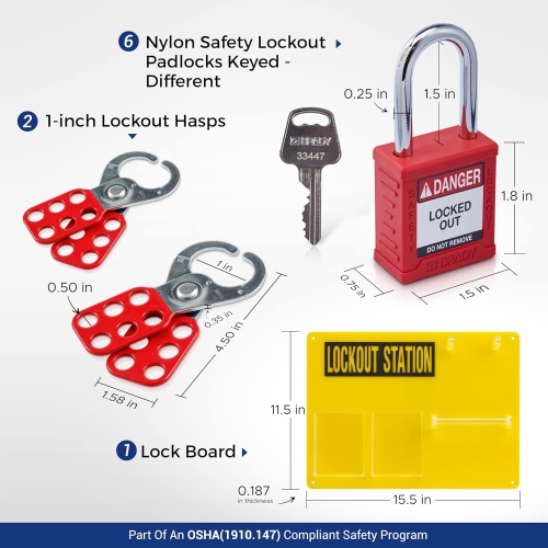 BRADY Lockout Tagout Station with Loto Devices. Lock Out Tag Out Kit Board with 6 Keyed Different Safety Lock Set, Hasps for Padlocks
