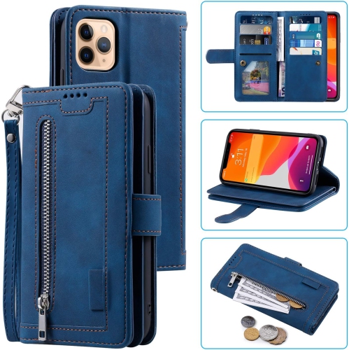 Wallet Case for iPhone 14 PRO, Retro Matte 9 Card Holder Slots Zipper Pocket Case PU Leather Magnetic Closure Kickstand with Wrist Strap Folio Flip
