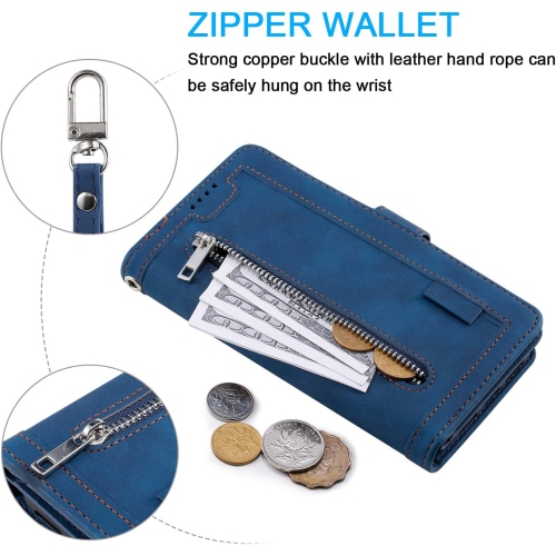 Wallet Case for iPhone 14 PRO, Retro Matte 9 Card Holder Slots Zipper Pocket Case PU Leather Magnetic Closure Kickstand with Wrist Strap Folio Flip