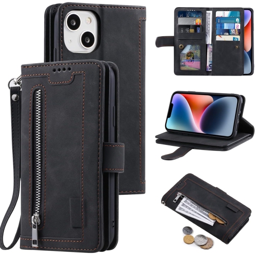 Étui portefeuille pour iPhone 14, Retro Matte 9 fentes pour cartes étui à fermeture à glissière Support magnétique en cuir pu béquille avec dragonne