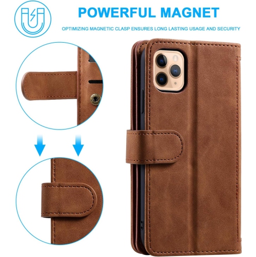 Wallet Case for iPhone 13 PRO MAX, Retro Matte 9 Card Holder Slots Zipper Pocket Case PU Leather Magnetic Closure Kickstand with Wrist Strap Folio