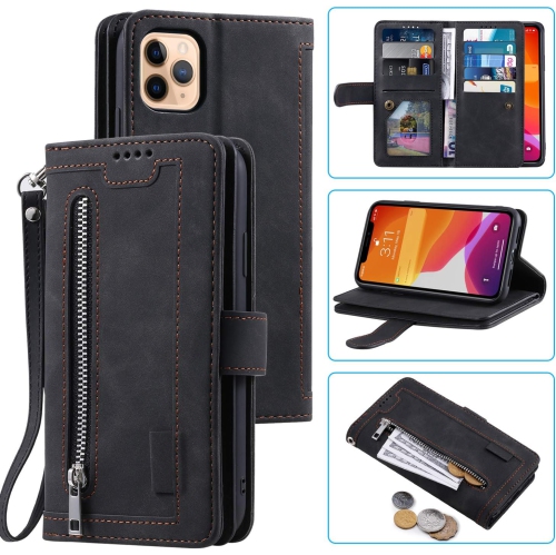 Wallet Case for iPhone 13 PRO MAX, Retro Matte 9 Card Holder Slots Zipper Pocket Case PU Leather Magnetic Closure Kickstand with Wrist Strap Folio Fl