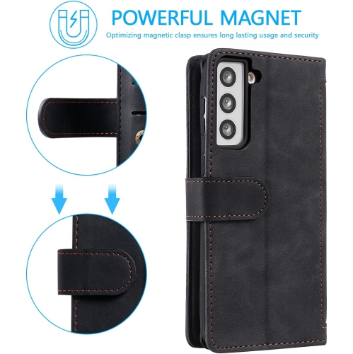 Wallet Case for Samsung S22, Retro Matte 9 Card Holder Slots Zipper Pocket Case PU Leather Magnetic Closure Kickstand with Wrist Strap Folio Flip