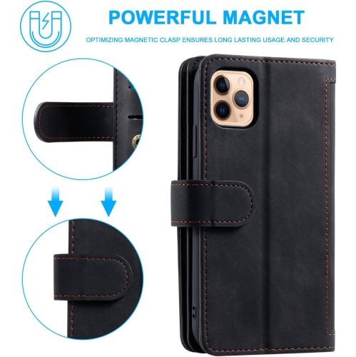 Wallet Case for iPhone 12 PRO MAX, Retro Matte 9 Card Holder Slots Zipper Pocket Case PU Leather Magnetic Closure Kickstand with Wrist Strap Folio