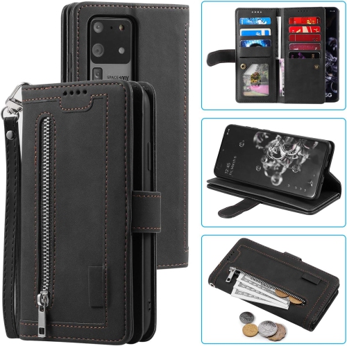 Wallet Case for Samsung S21 ULTRA, Retro Matte 9 Card Holder Slots Zipper Pocket Case PU Leather Magnetic Closure Kickstand with Wrist Strap Folio Fl