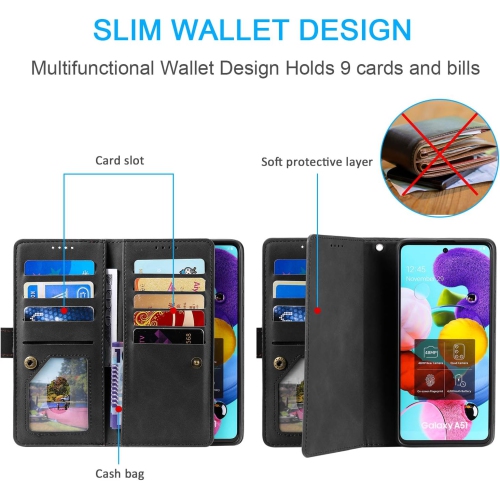 Wallet Case for Samsung S21 ULTRA, Retro Matte 9 Card Holder Slots Zipper Pocket Case PU Leather Magnetic Closure Kickstand with Wrist Strap Folio