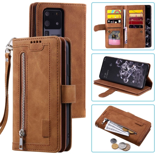 Wallet Case for Samsung S21 ULTRA, Retro Matte 9 Card Holder Slots Zipper Pocket Case PU Leather Magnetic Closure Kickstand with Wrist Strap Folio Fl