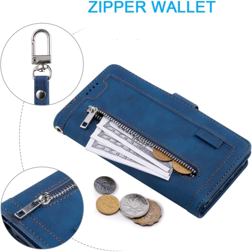 Wallet Case for Samsung S21 ULTRA, Retro Matte 9 Card Holder Slots Zipper Pocket Case PU Leather Magnetic Closure Kickstand with Wrist Strap Folio