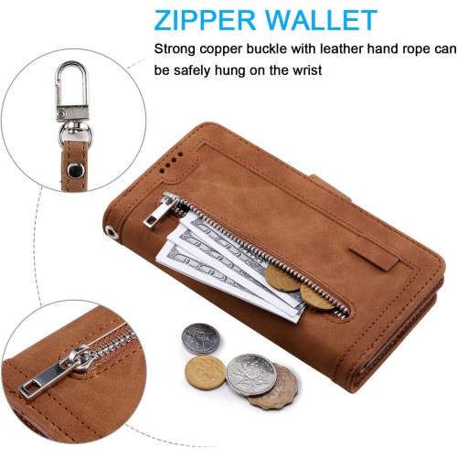 Wallet Case for iPhone 14 PRO MAX, Retro Matte 9 Card Holder Slots Zipper Pocket Case PU Leather Magnetic Closure Kickstand with Wrist Strap Folio