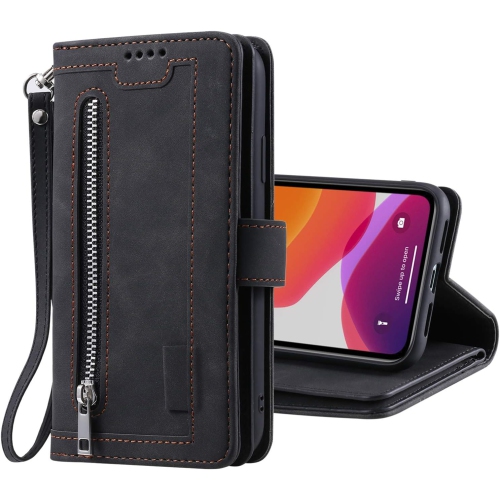 Wallet Case for iPhone 14 PRO MAX, Retro Matte 9 Card Holder Slots Zipper Pocket Case PU Leather Magnetic Closure Kickstand with Wrist Strap Folio