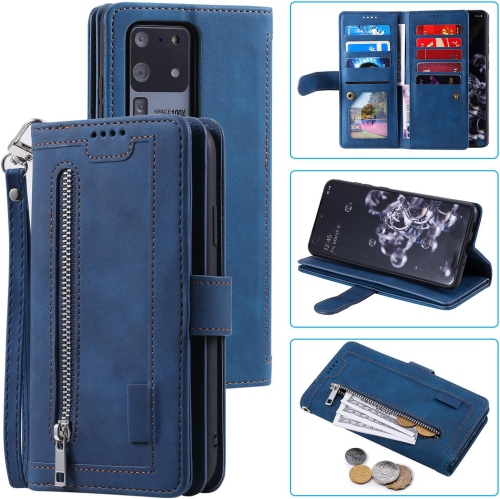 Wallet Case for Samsung Note 20 ULTRA, Retro Matte 9 Card Holder Slots Zipper Pocket Case PU Leather Magnetic Closure Kickstand with Wrist Strap