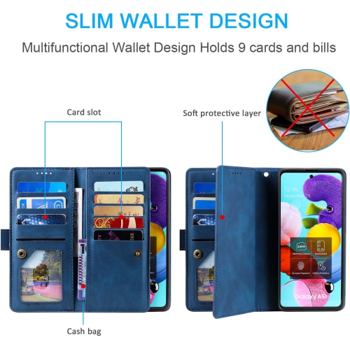Wallet Case for Samsung Note 20 ULTRA, Retro Matte 9 Card Holder Slots Zipper Pocket Case PU Leather Magnetic Closure Kickstand with Wrist Strap