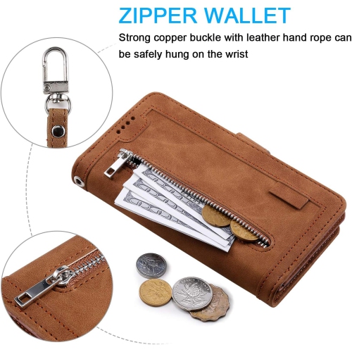 Wallet Case for Samsung Note 20 ULTRA, Retro Matte 9 Card Holder Slots Zipper Pocket Case PU Leather Magnetic Closure Kickstand with Wrist Strap