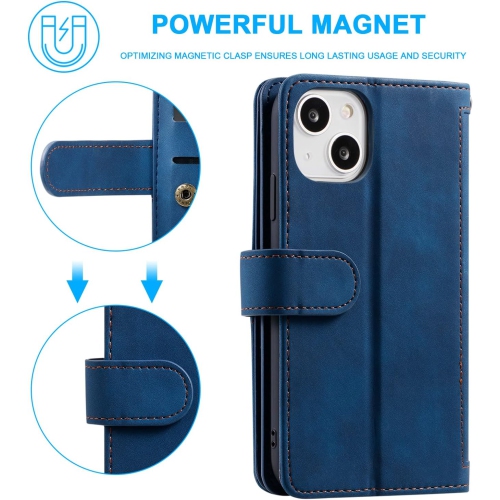 Wallet Case for iPhone 13, Retro Matte 9 Card Holder Slots Zipper Pocket Case PU Leather Magnetic Closure Kickstand with Wrist Strap Folio Flip