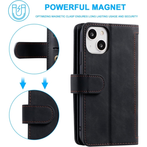 Wallet Case for iPhone 13, Retro Matte 9 Card Holder Slots Zipper Pocket Case PU Leather Magnetic Closure Kickstand with Wrist Strap Folio Flip