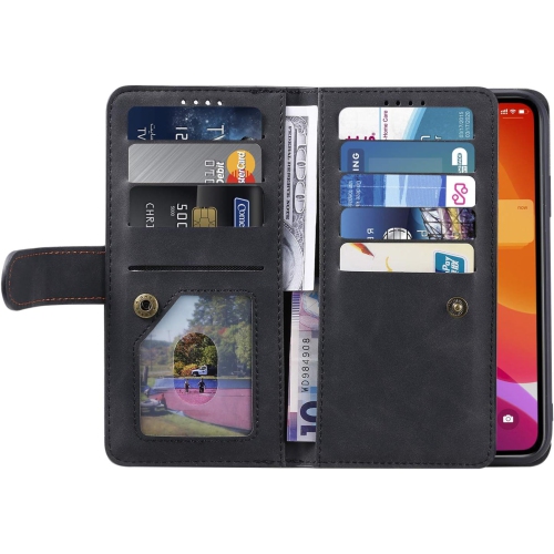 Wallet Case for iPhone 13, Retro Matte 9 Card Holder Slots Zipper Pocket Case PU Leather Magnetic Closure Kickstand with Wrist Strap Folio Flip