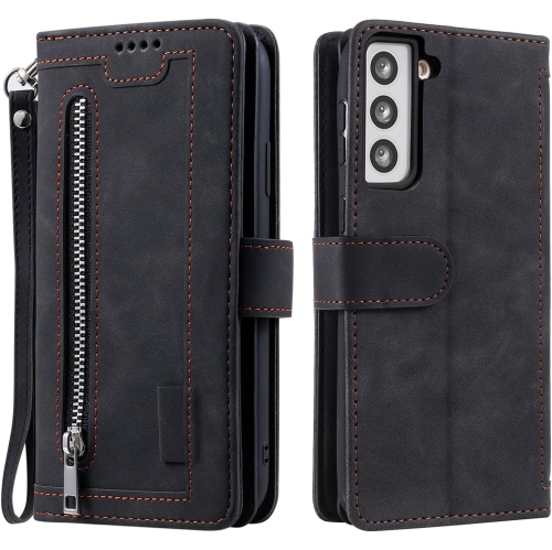 Étui portefeuille pour Samsung S22 PLUS, Retro Matte 9 fentes pour cartes étui à fermeture à glissière béquille en cuir pu avec dragonne Étui folio