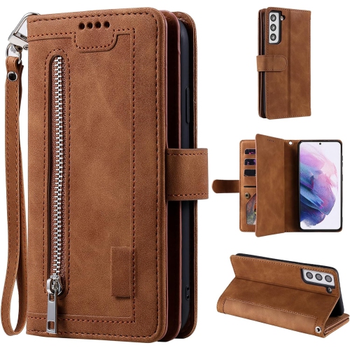 Étui portefeuille pour Samsung S22 PLUS, Retro Matte 9 fentes pour cartes étui à fermeture à glissière béquille en cuir pu avec dragonne Étui folio