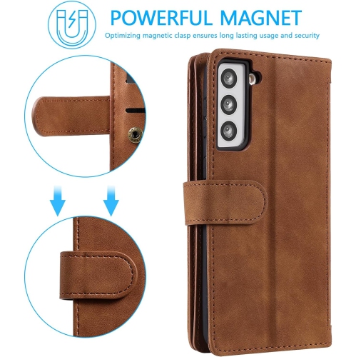 Étui portefeuille pour Samsung S22 PLUS, Retro Matte 9 fentes pour cartes étui à fermeture à glissière béquille en cuir pu avec dragonne Étui folio